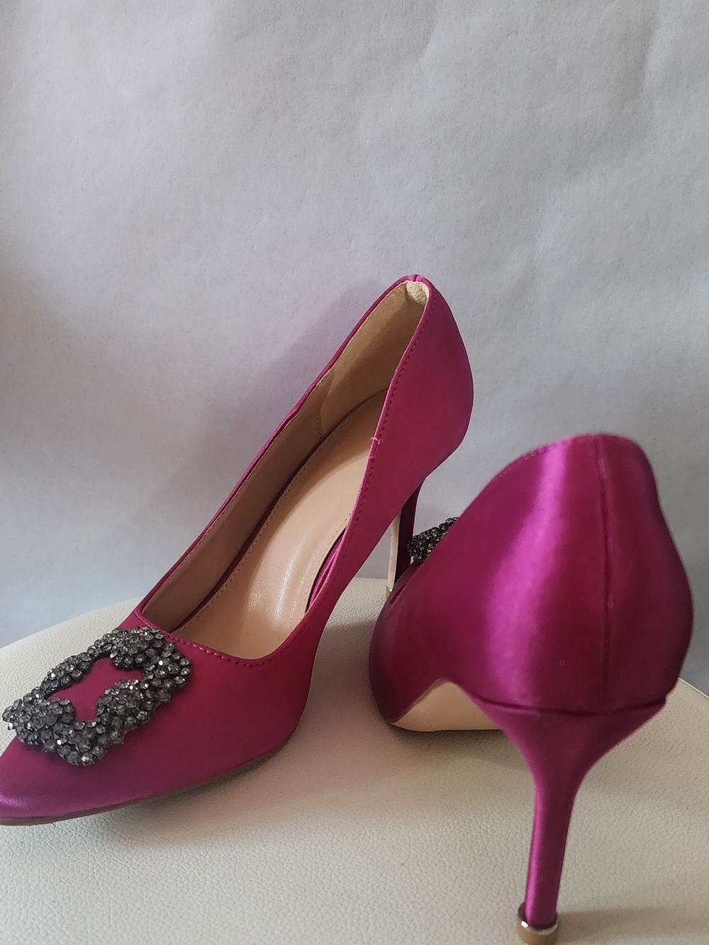 Magenta Satin Embellished Pointed Toe Pumps for Women